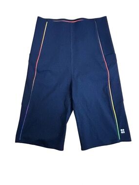 Sweaty Betty Power 9” Biker Shorts Size XS Navy Blue Rainbow Trim High Waist